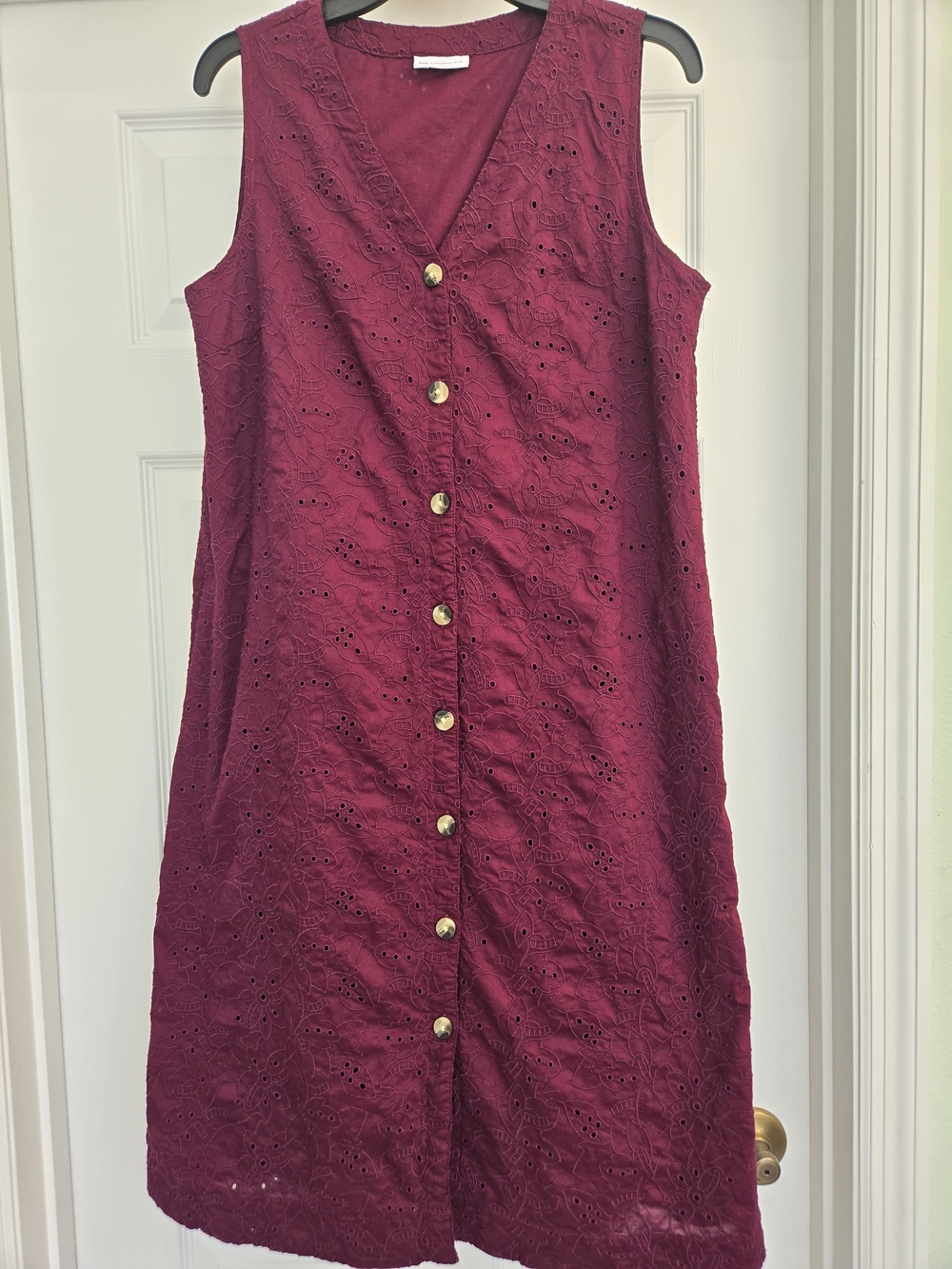 Liz Claiborne Burgundy Eyelet Embroidered Button-Front Midi Dress Boho 10P